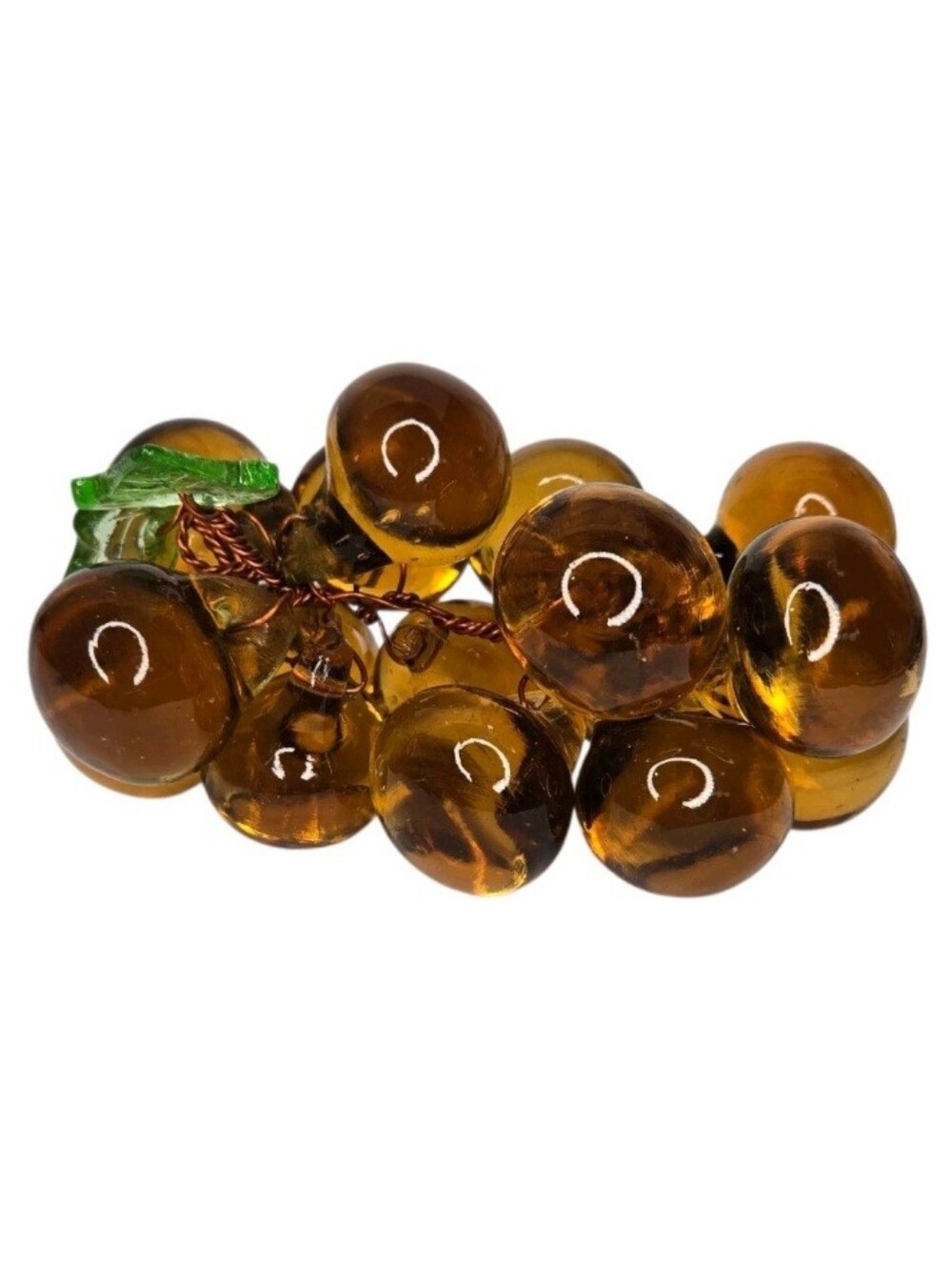 Vintage Amber Gold Brown Wire Glass Grape Cluster & Green Glass Leaves - Picture 5 of 8